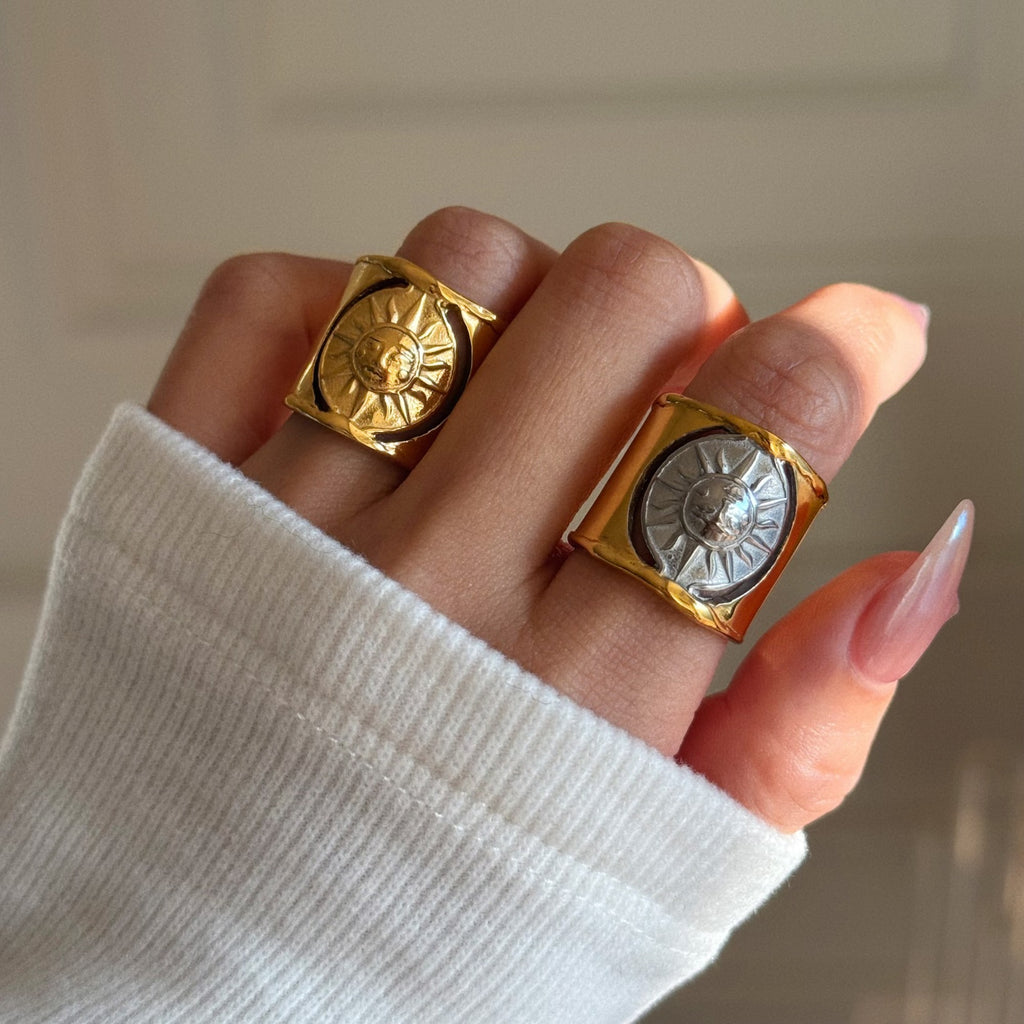 Sun 18K Gold Silver Stainless Steel Anti Tarnish Band Ring Women Bulk