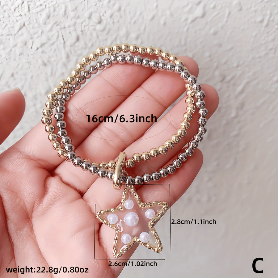 Multi-Charm Heart & Star Design Gold Silver Pearl Copper Bracelet Bulk