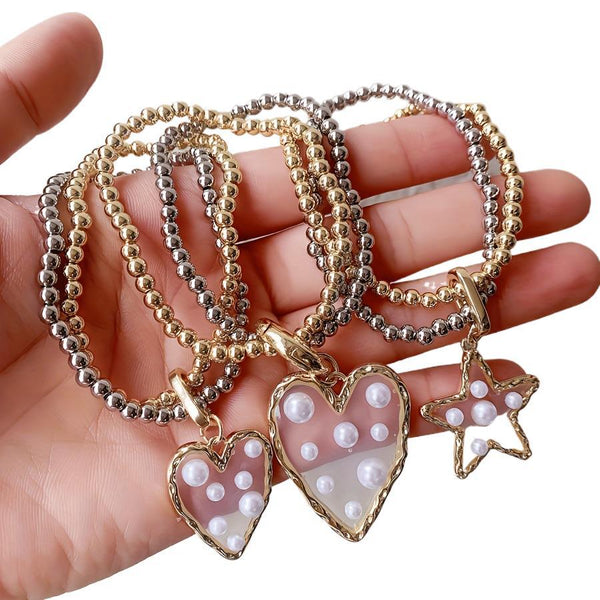 Multi-Charm Heart & Star Design Gold Silver Pearl Copper Bracelet Bulk Secondary image