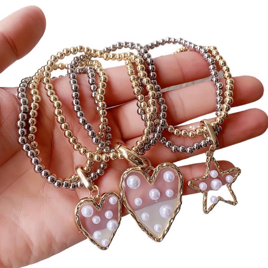 Multi-Charm Heart & Star Design Gold Silver Pearl Copper Bracelet Bulk