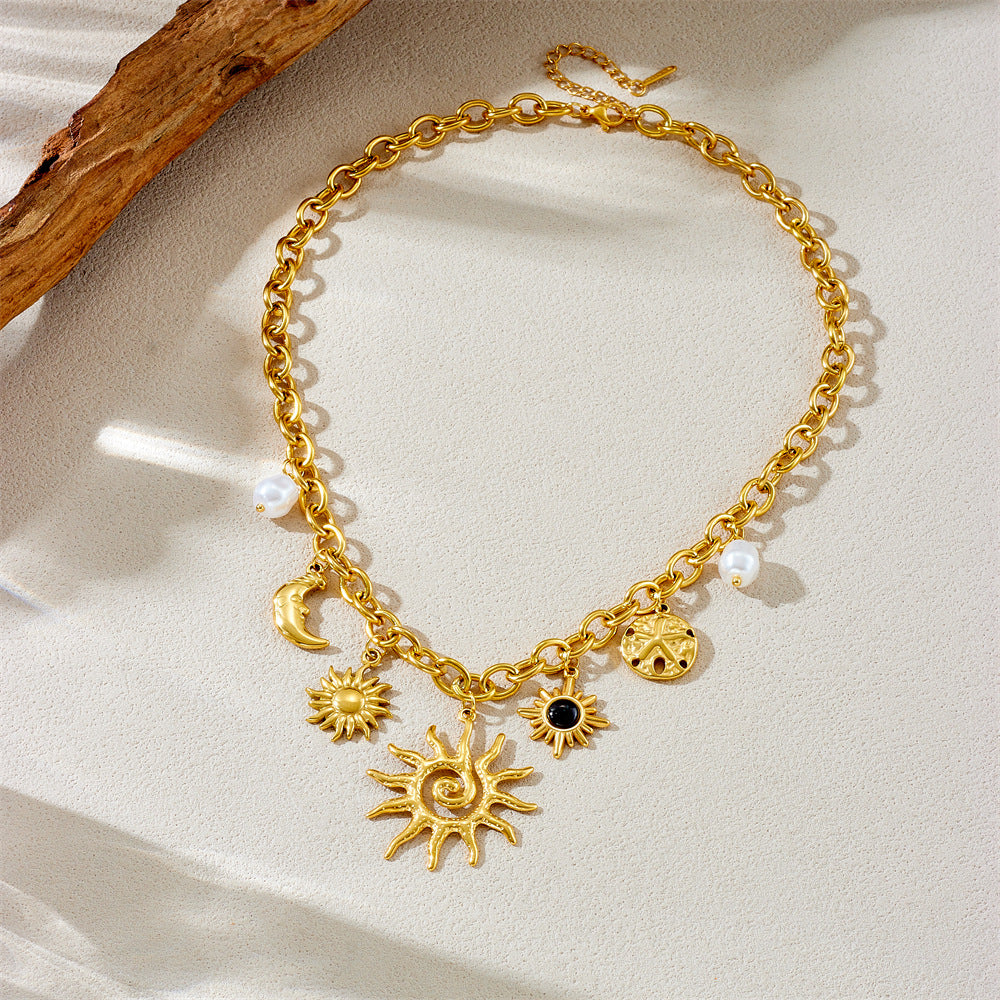 Celestial Sun Moon Pearl Gold Plated Charm Stainless Steel Necklace Bulk