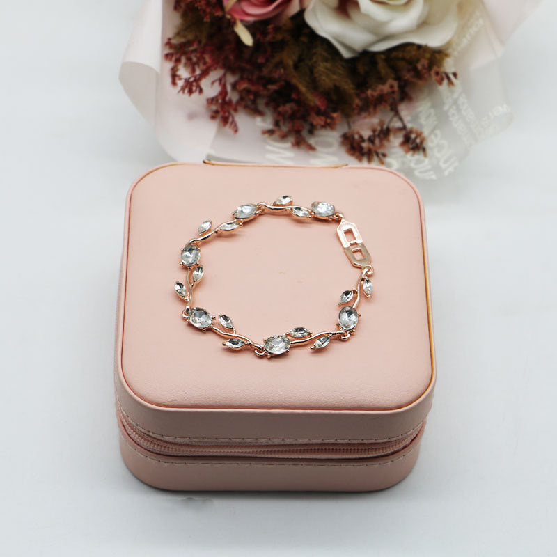 Elegant Rose Gold Bracelet With Red Crystals And Green Leaves Bulk
