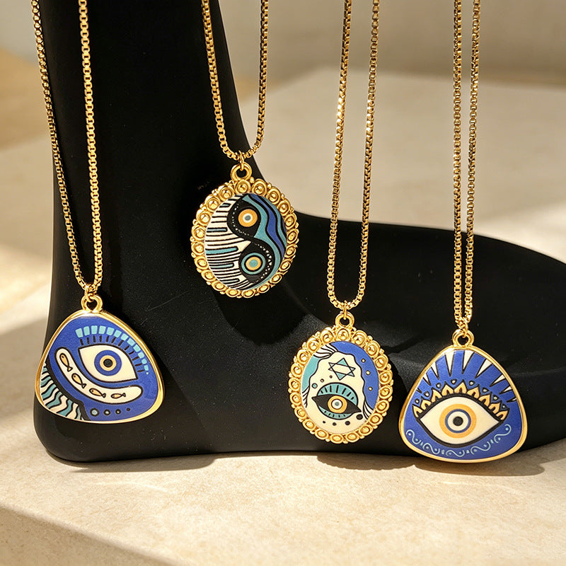 Evil Eye Gold Plated Blue & White Enamel Stainless Steel Necklace Bulk