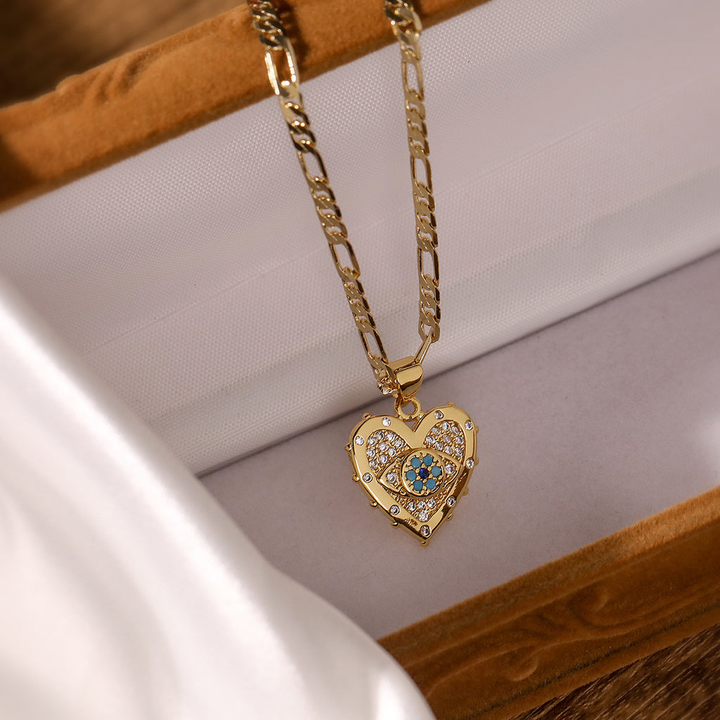 Heart Evil Eye 18K Gold CZ Anti Tarnish Pendant Chain Earring Set Bulk