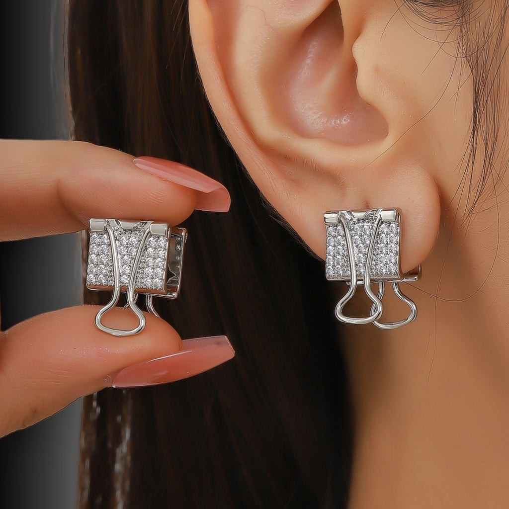 Modern Geometric Clip Style Gold Silver CZ Copper Stud Earrings Bulk