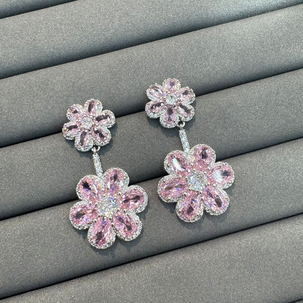 Luxury Silver Pink CZ Crystal Double Floral Copper Dangler Earrings Bulk Secondary image