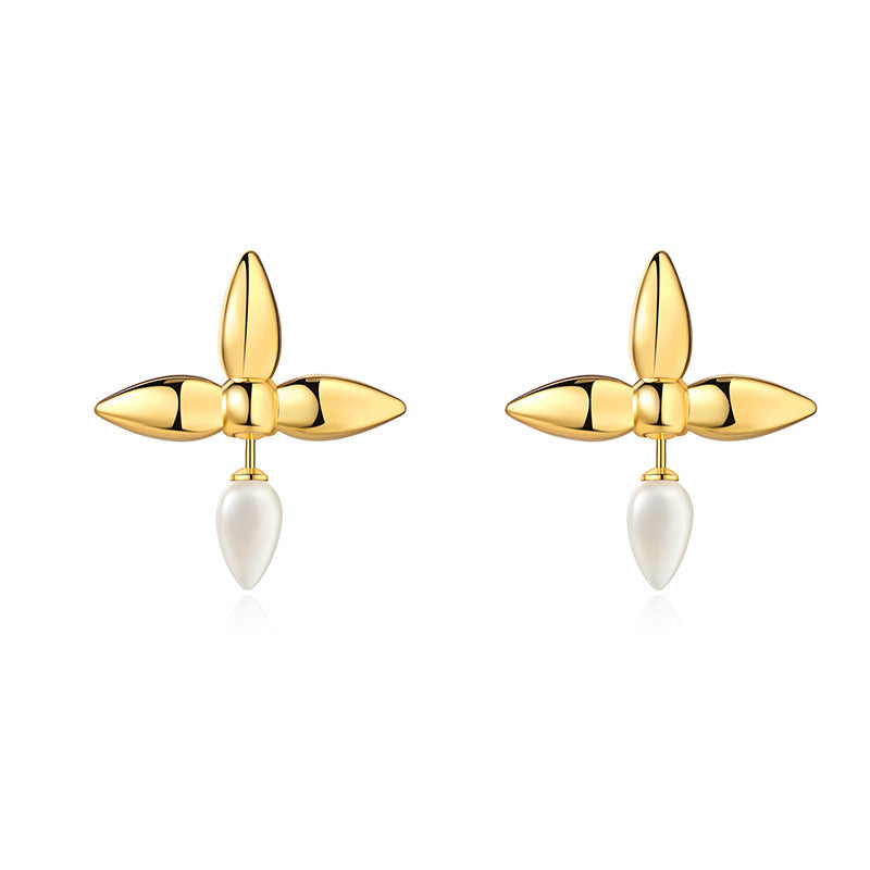 White Minimal Petal Design Gold Plated Plain Alloy Stud Earrings Bulk
