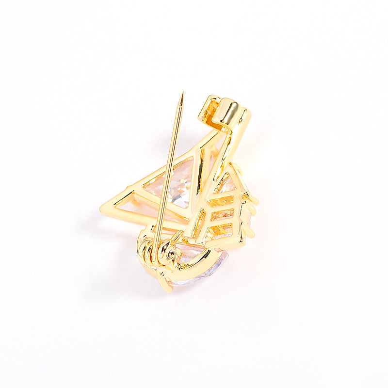 Modern Sailboat Style Gold Silver CZ Copper Anti Tarnish Brooch Bulk