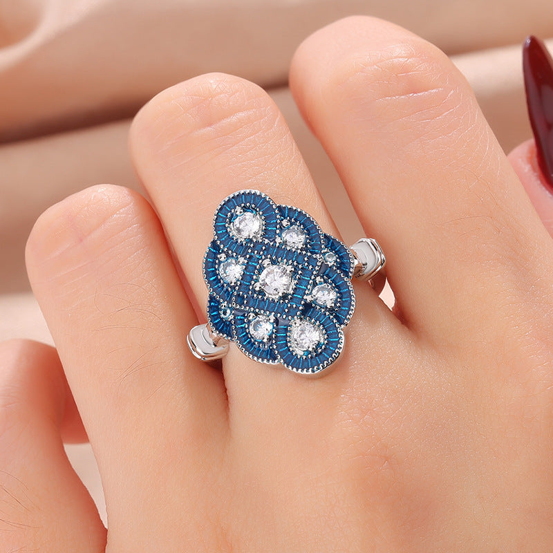 Designer Blue Floral Silver CZ Copper Anti Tarnish Cocktail Ring Bulk