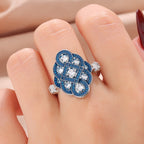 Designer Blue Floral Silver CZ Copper Anti Tarnish Cocktail Ring Bulk