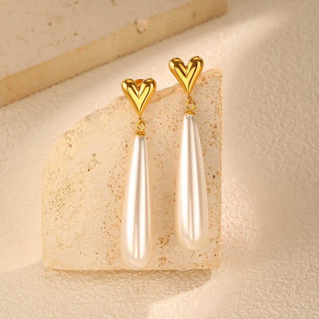 Bulk Heart Gold Pearl Anti Tarnish Stainless Steel Dangler Earrings