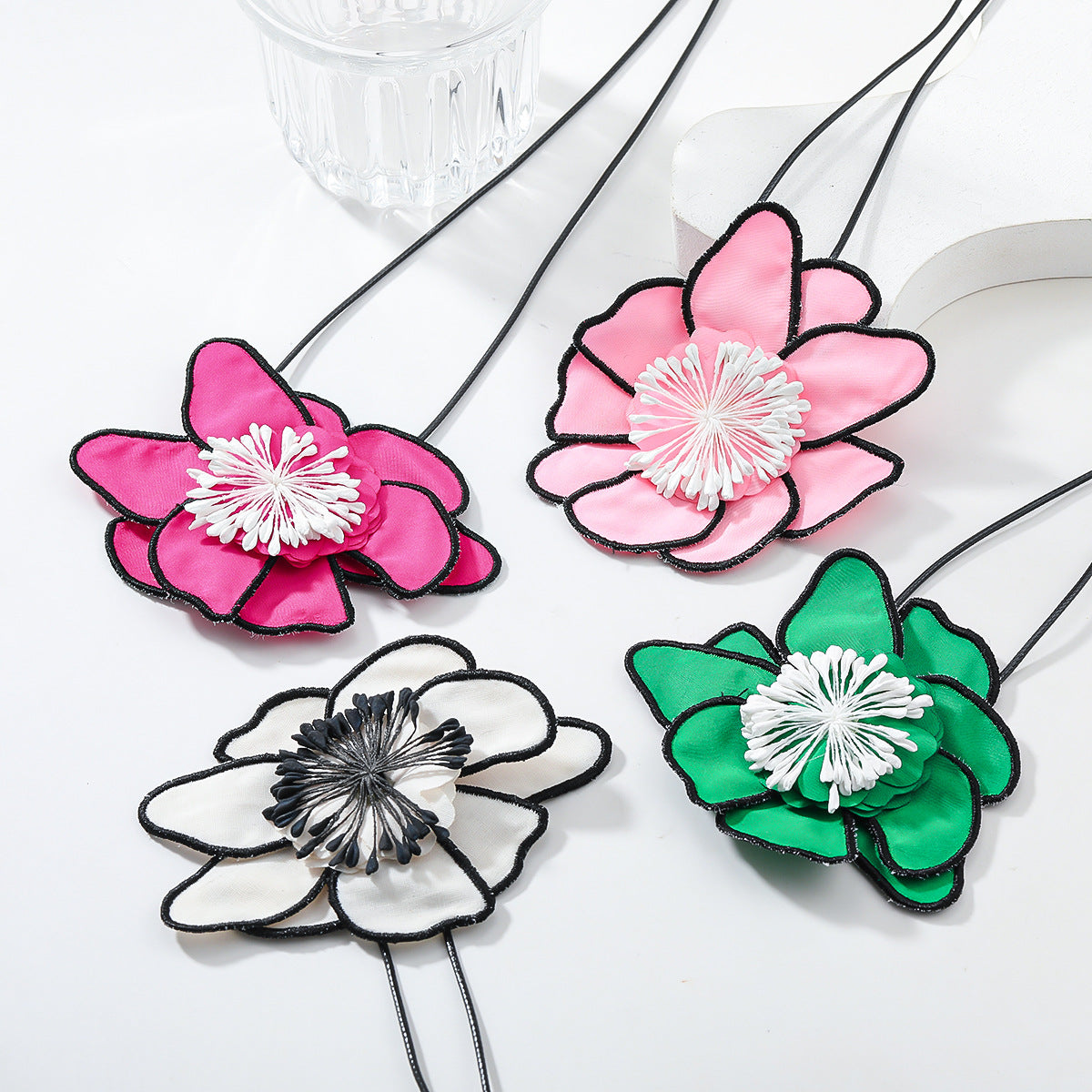 Flower Colorful Pink Green White With Black Boarder Cloth Necklace For Women