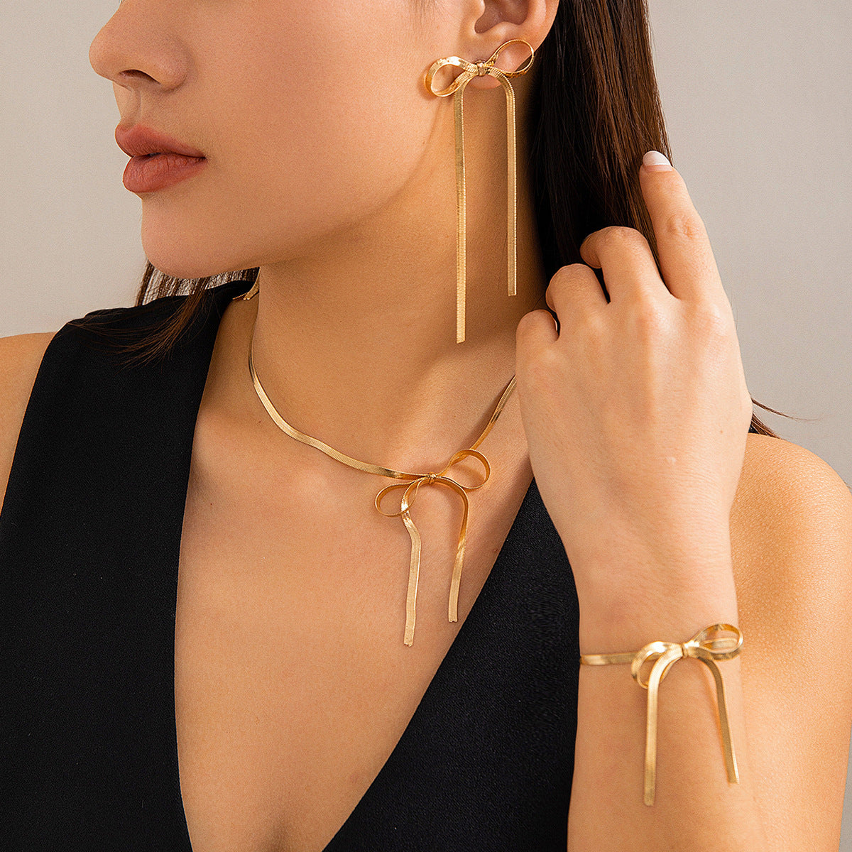 Bow Ribbon Knotted 18K Gold Plated Anti Tarnish Necklace Earring Bracelet Set For women