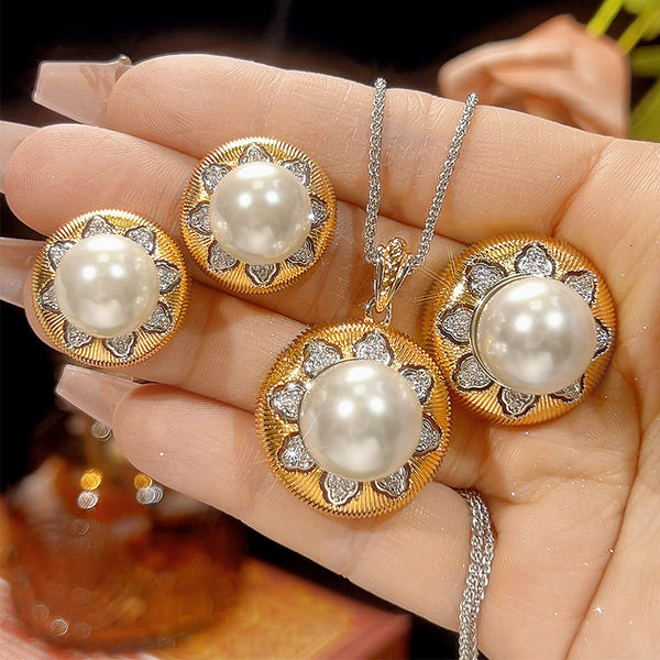 Antique Floral Gold Plated CZ Pearl Copper Necklace Combo Set Wholesale Secondary image