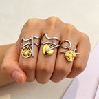 Gold Silver Heart, Crescent & Sun Copper Adjustable Ring For Women Bulk