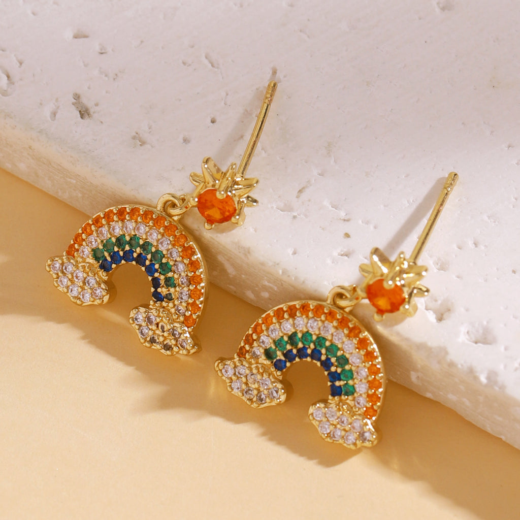 Designer Multi Color Rainbow Horseshoe Gold CZ Copper Drop Earrings Bulk