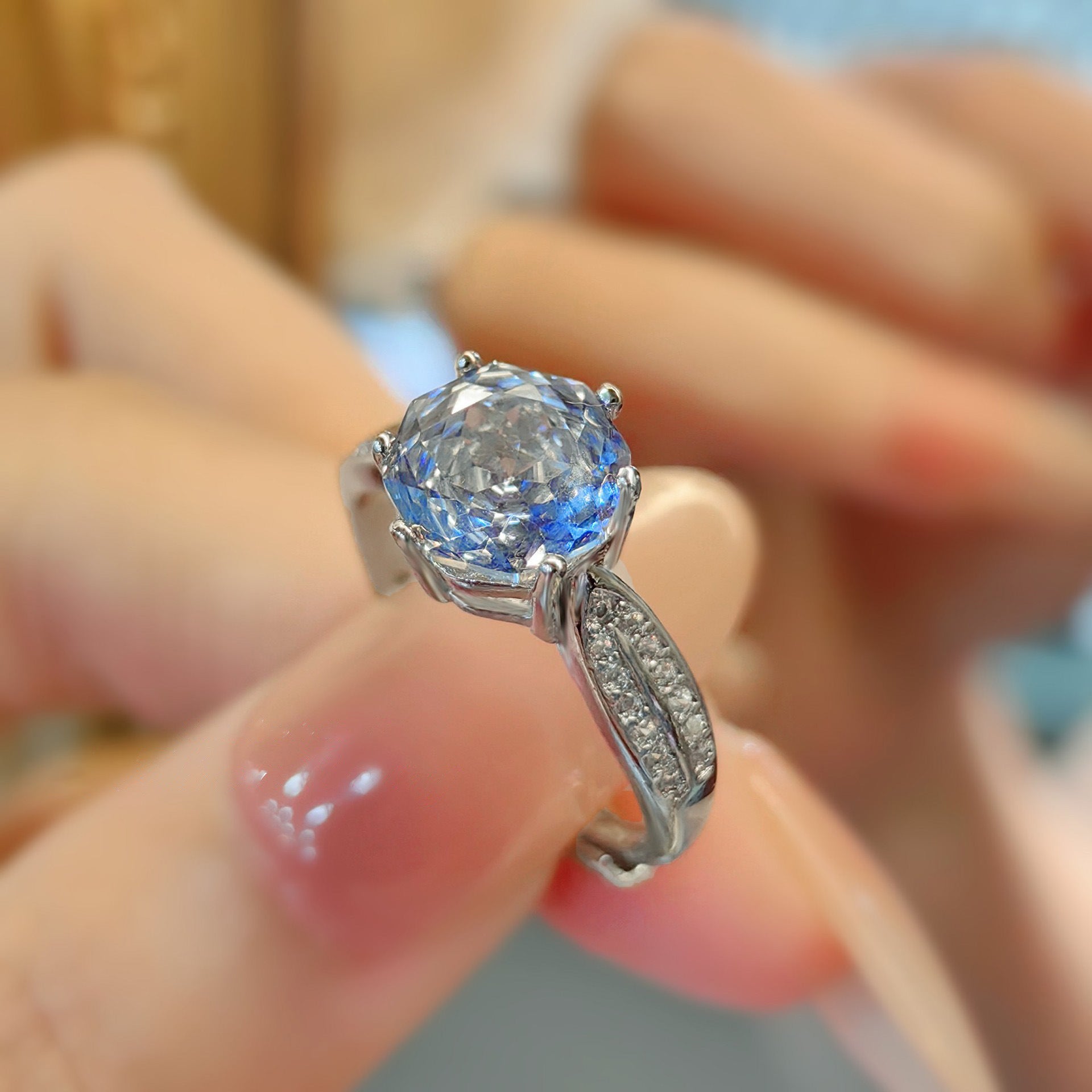 Flower Solitaire Blue Silver Anti Tarnish Pendant Ring Set Women Bulk