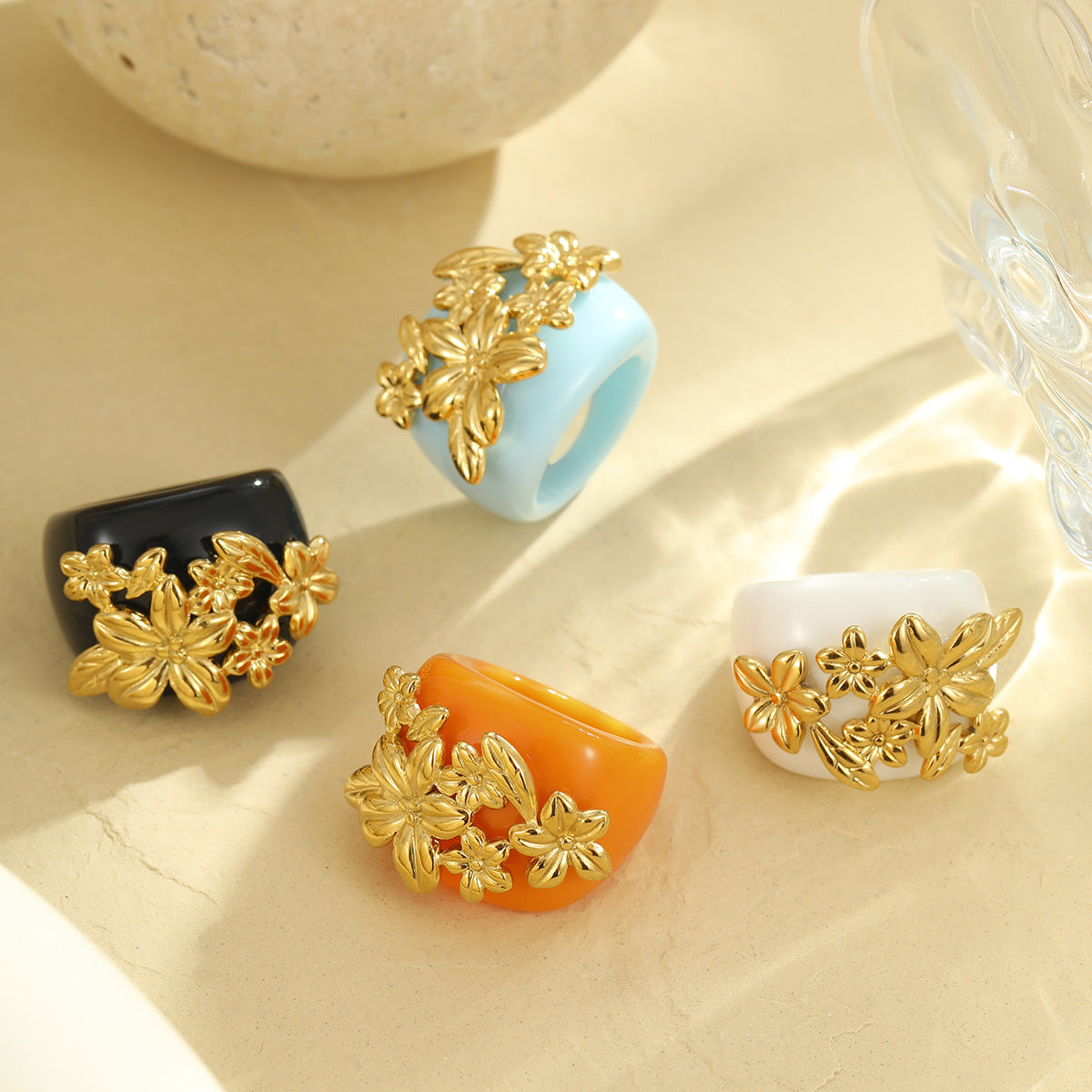 Flower 18K Gold Stainless Steel acrylic Adjustable Ring For Women Main image