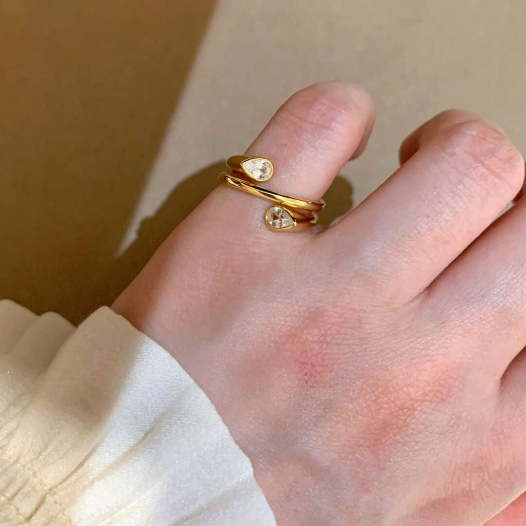 Gold Pear Oval Cubic Zirconia Copper Adjustable Ring For Women Bulk