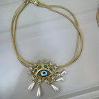 Evil Eye Blue Cubic Zirconia Pearl 18k Gold Anti Tarnish Snake Necklace Pendant Chain For Women