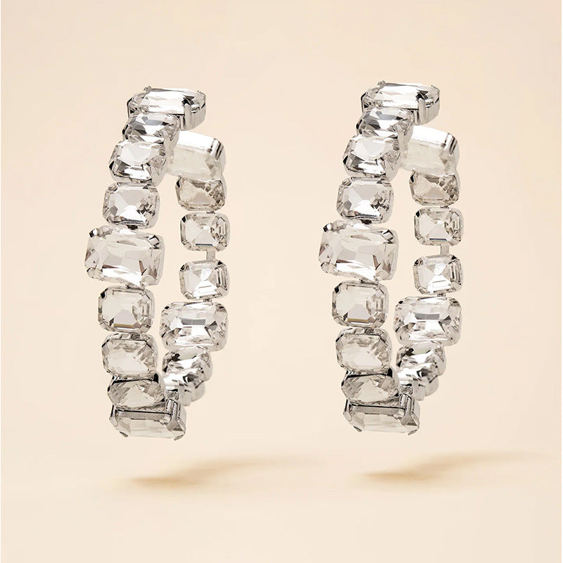 Square Rectangle Rhinestone Gold Silver Hoop Earring For Women