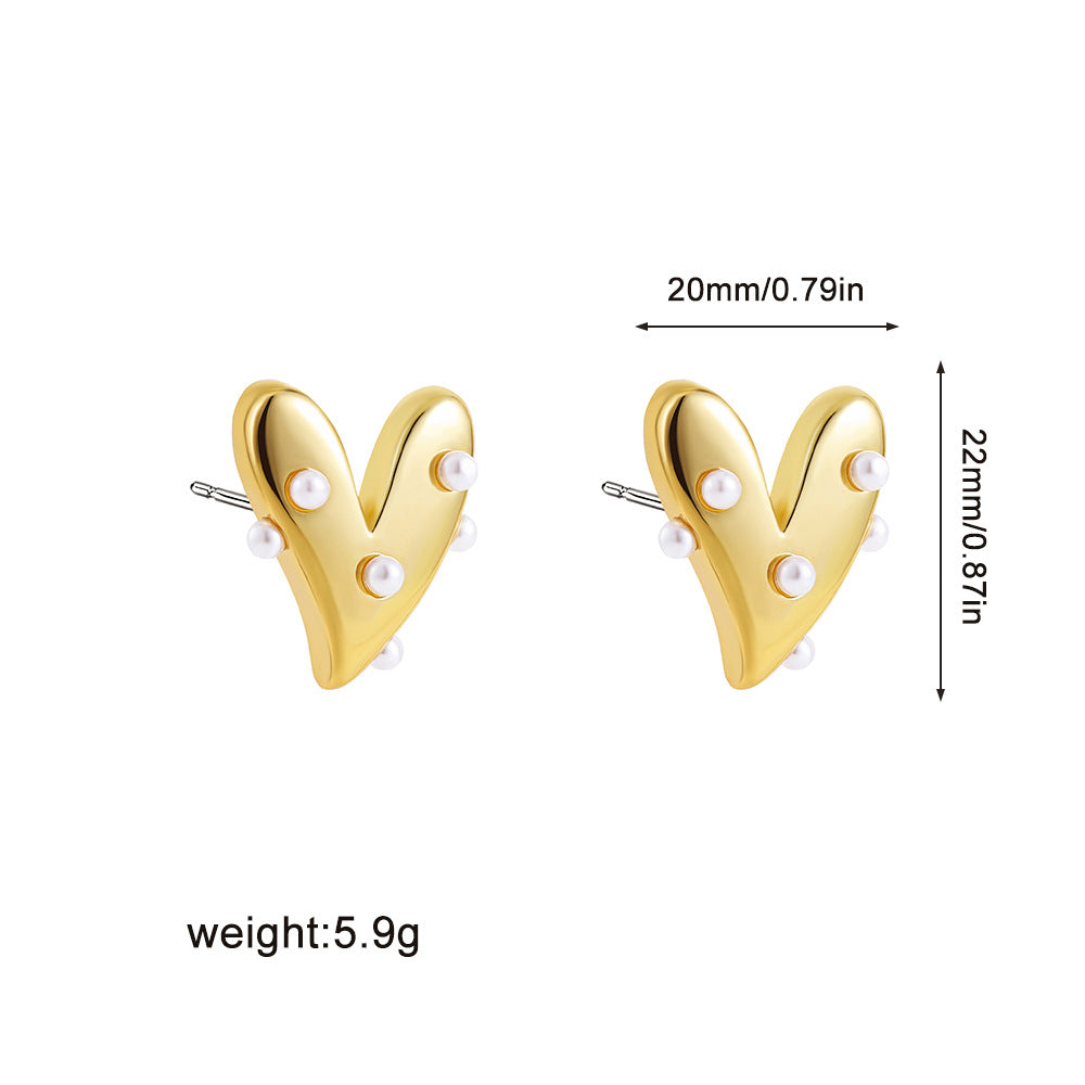 Heart Gold Plated Pearl Anti Tarnish Stainless Steel Stud Earrings Bulk
