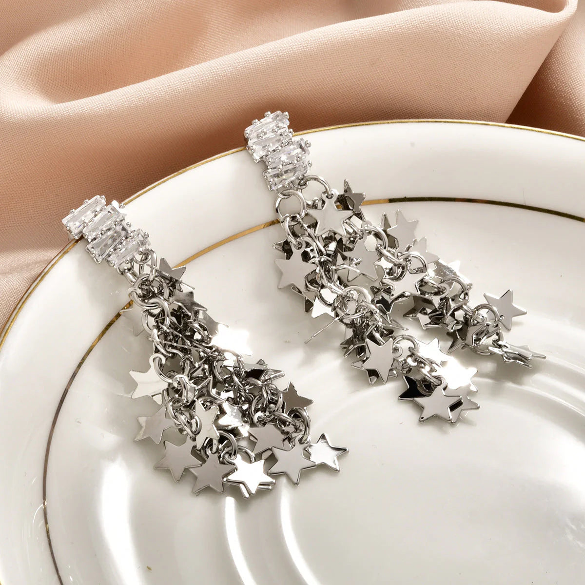 Gold Silver Star Cubic Zirconia Copper Dangler Earrings For Women Bulk
