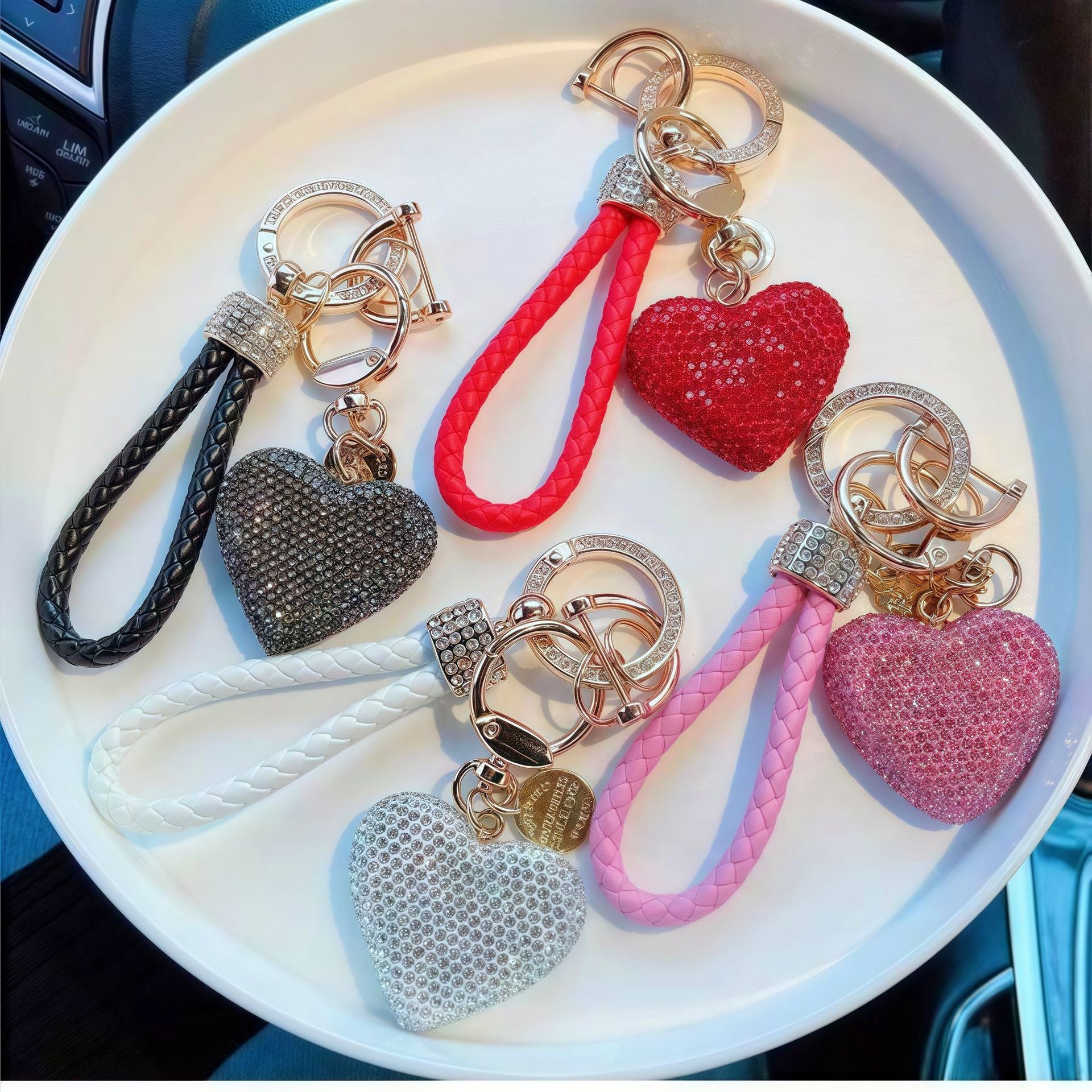 Multi Color Stylish Heart Leather Strap Gold Rhinestone Keychain Bulk Main image