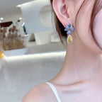 Floral Flower 18K Gold Plated Blue Yellow Pink Crystals Copper Drop Dangler Earrings For Women