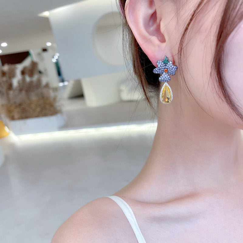 Floral Flower 18K Gold Plated Blue Yellow Pink Crystals Copper Drop Dangler Earrings For Women
