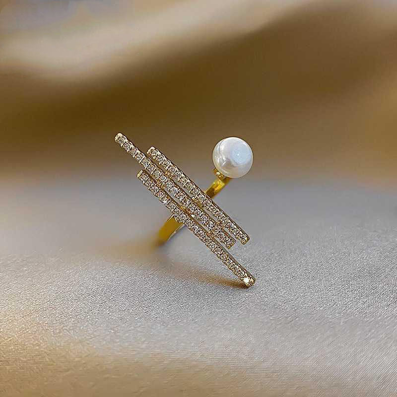 Bulk White Multi-Line Bar Gold CZ Pearl Copper Adjustable Cocktail Ring