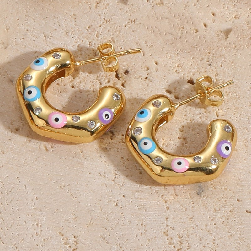Bulk Evil Eye Gold CZ Anti Tarnish Stainless Steel Hoop Earrings
