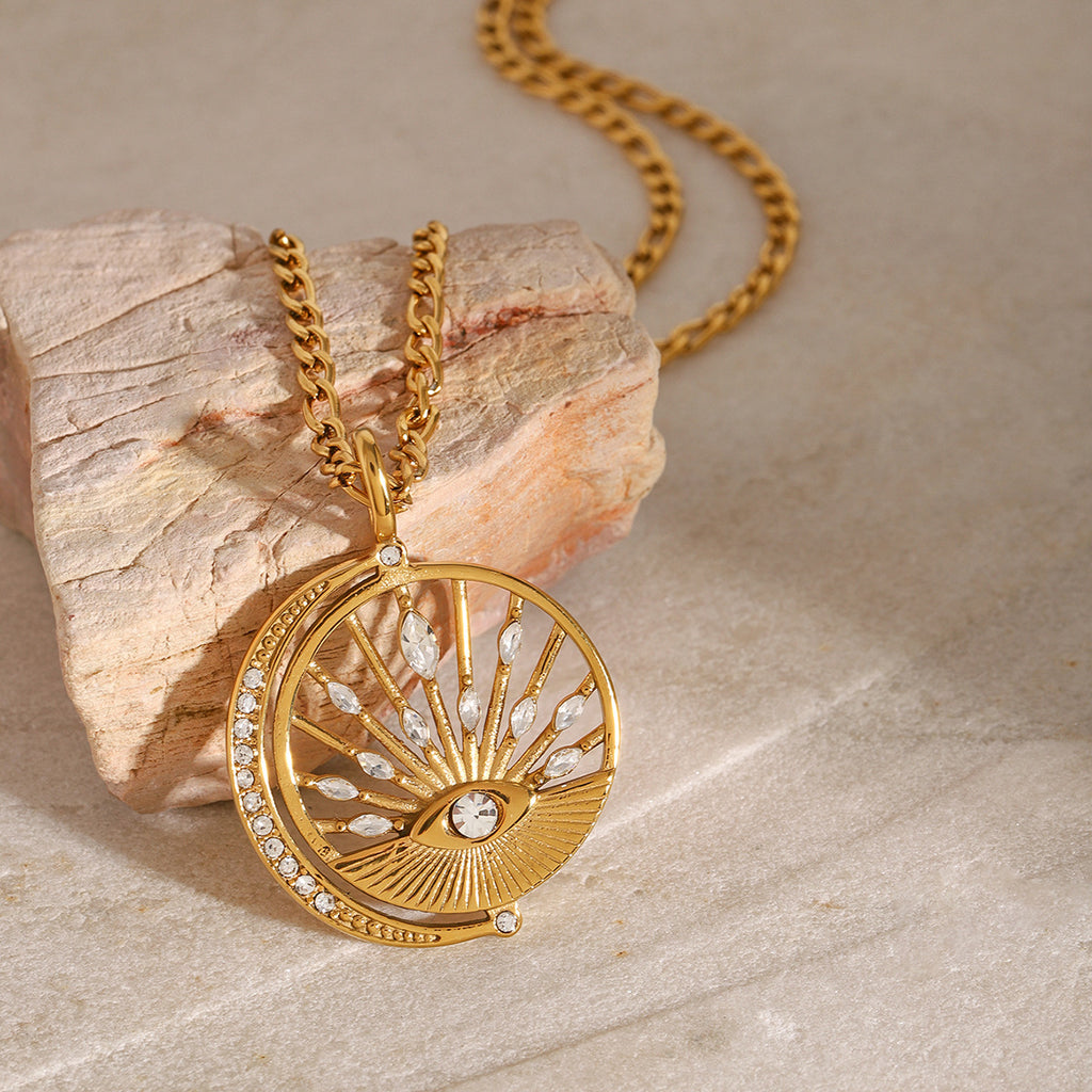 Sun Evil Eye 18K Gold Cubic Zirconia Anti Tarnish Stainless Steel Necklace Pendant Chain For Women