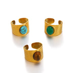 Multi Gemstone 18K Gold Turquoise Tiger Eye Pearl Anti Tarnish Stainless Steel Band Ring For Women