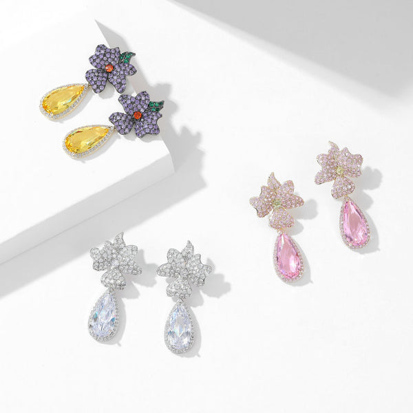 Floral Flower 18K Gold Plated Blue Yellow Pink Crystals Copper Drop Dangler Earrings For Women Main image