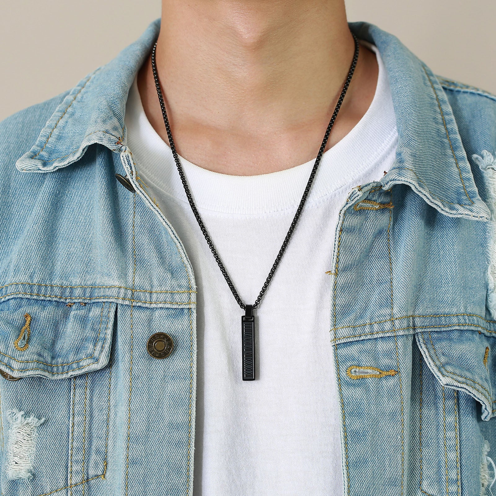 Roman Number Bar Id Gold Black Silver Atique Stainless Steel Popcorn Pendant Chain For Men