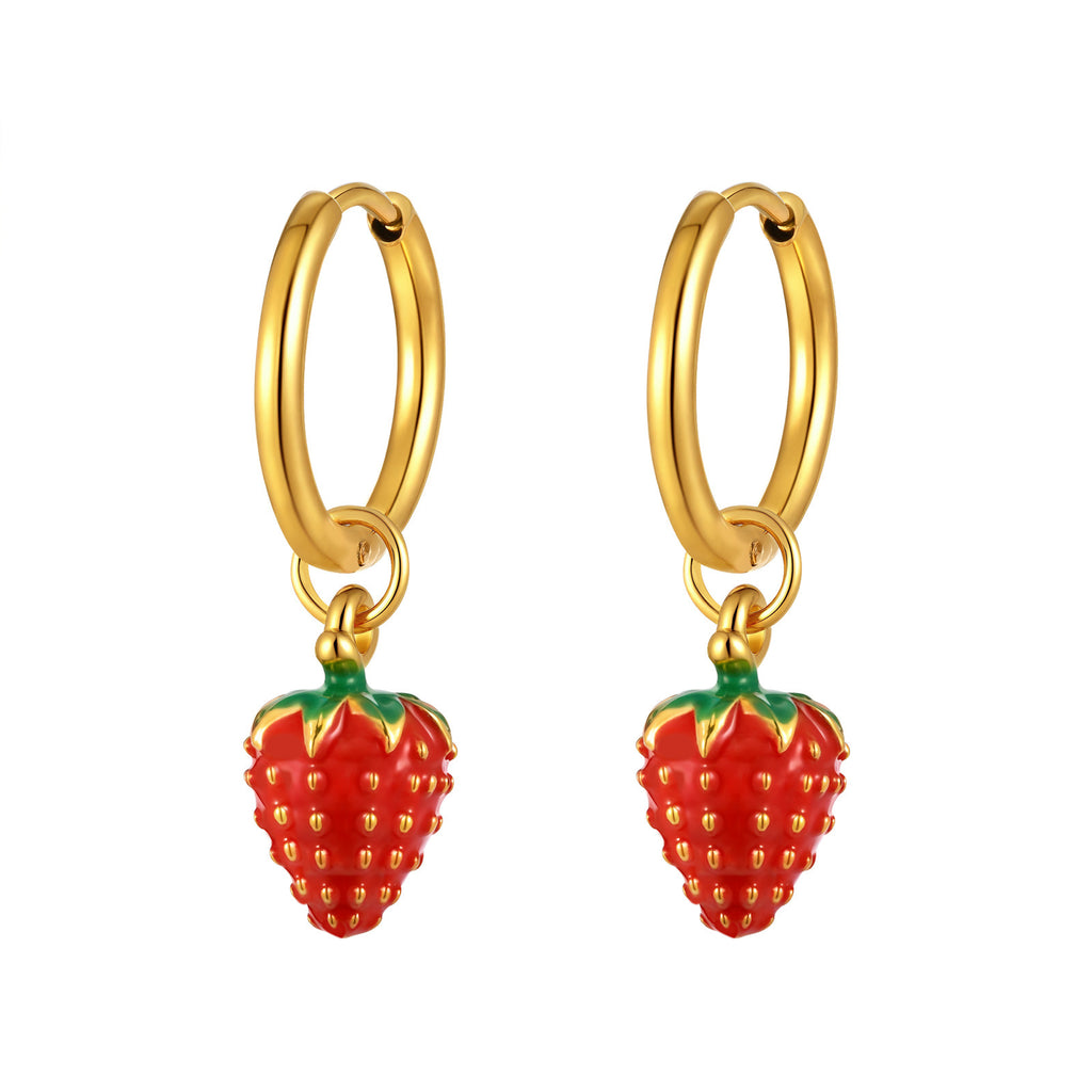 Bulk Red Strawberry Charm Gold Enamel Stainless Steel Hoop Earrings