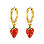 Bulk Red Strawberry Charm Gold Enamel Stainless Steel Hoop Earrings