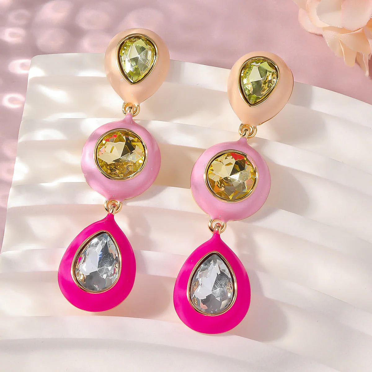 Multi Color Layered Teardrop-Floral Gold Enamel Copper Drop Earring Bulk