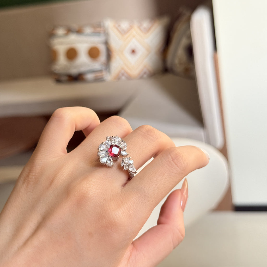 Red Flower Bloom Silver Cubic Zirconia Copper Adjustable Ring Women Bulk