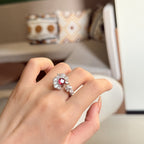 Red Flower Bloom Silver Cubic Zirconia Copper Adjustable Ring Women Bulk