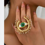 Green Evil Eye Gold Plated Rhinestone Adjustable Cocktail Ring Bulk