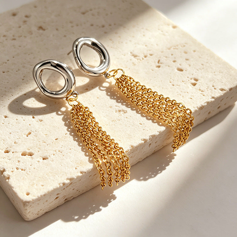 Dual Tone Gold Silver Chain Tassel Stainless Steel Drop Earrings Bulk
