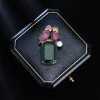 Dual Parrot Pink Green 18K Gold Plated Gemstone Crystals Pearl Anti Tarnish Brooch For Women