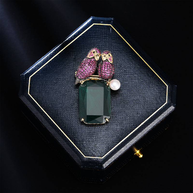 Dual Parrot Pink Green 18K Gold Plated Gemstone Crystals Pearl Anti Tarnish Brooch For Women