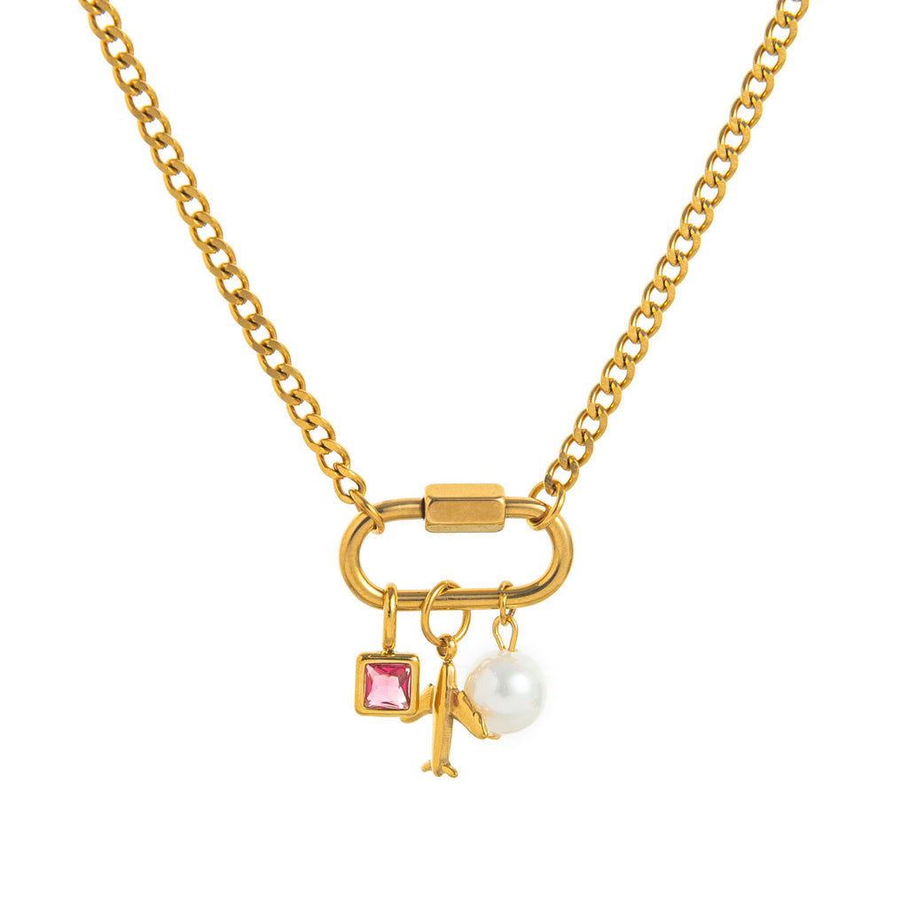 Multi Color Trendy Carabiner Charm Gold Plated CZ Copper Necklace Bulk