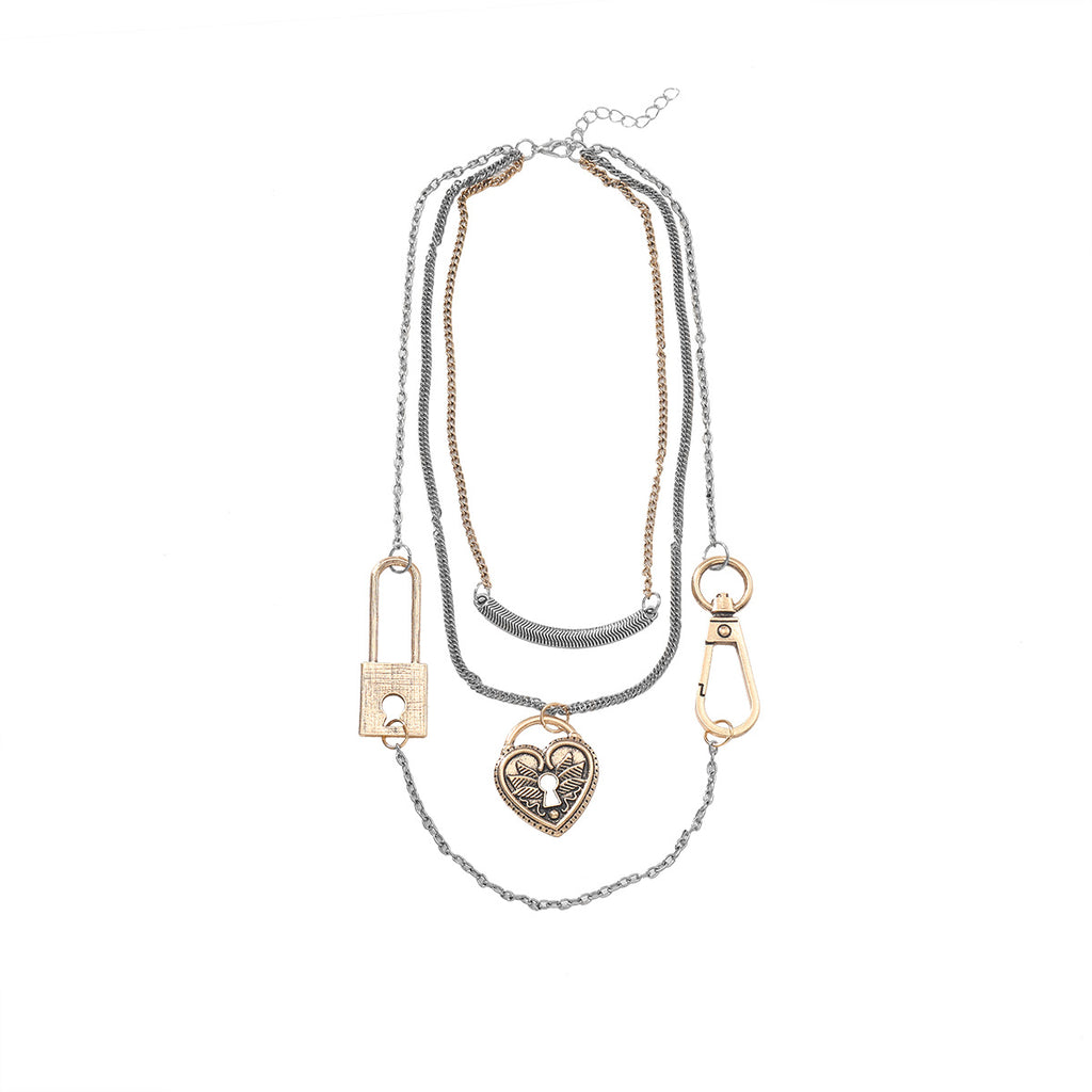 Stylish Dual Tone Layered Lock Charm Gold Silver Plated Necklace Bulk