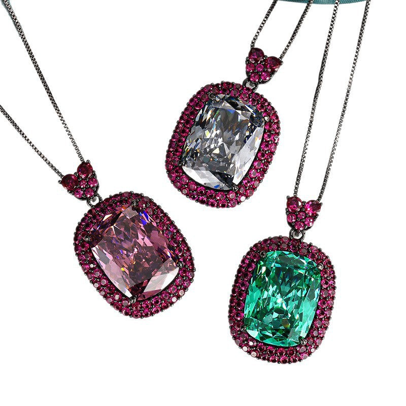 Luxury Emerald Cut Black CZ Anti Tarnish Copper Pendant Chain Wholesale