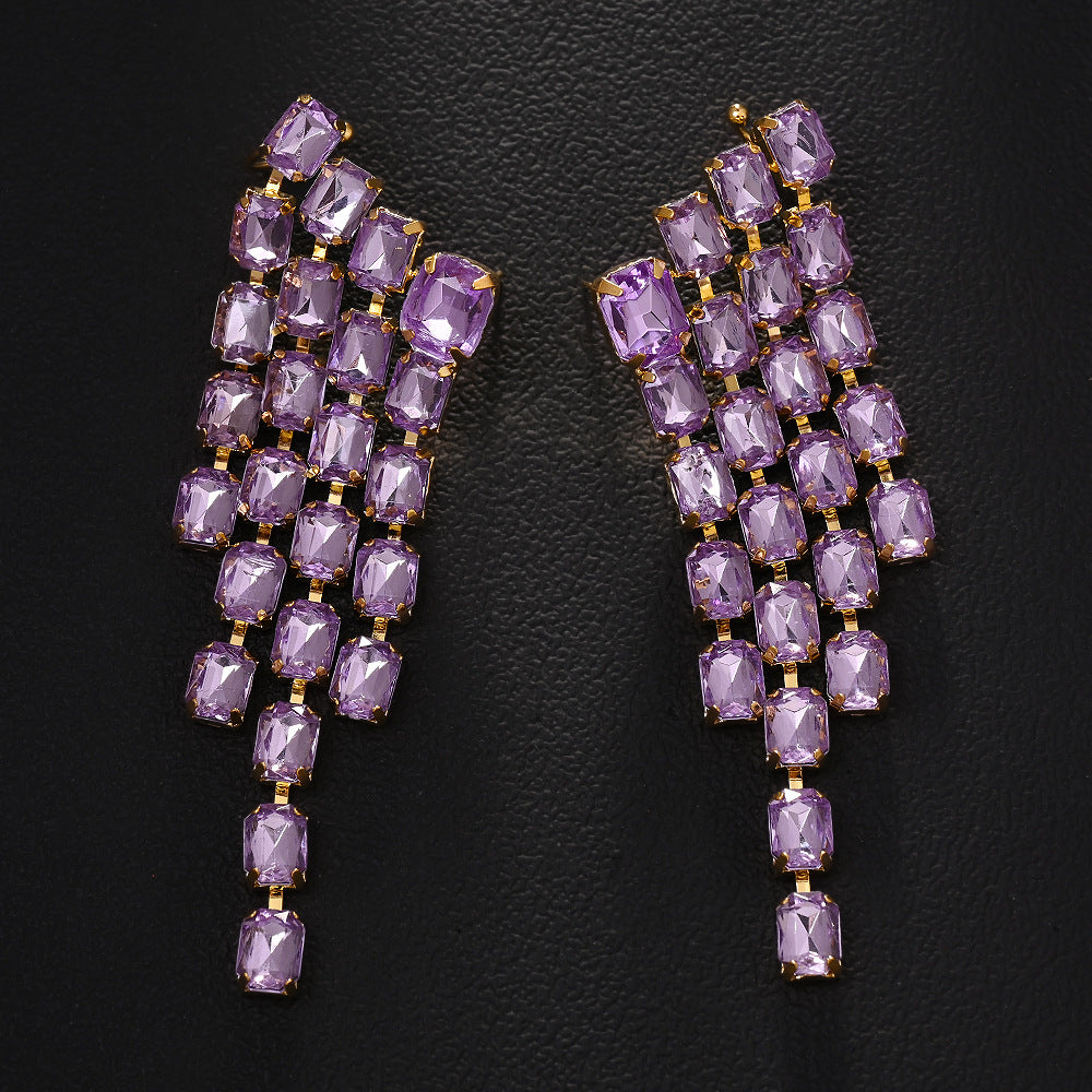 Purple Solitaire Crystal 18K Gold Dangler Tassel Earring Women Bulk Main image