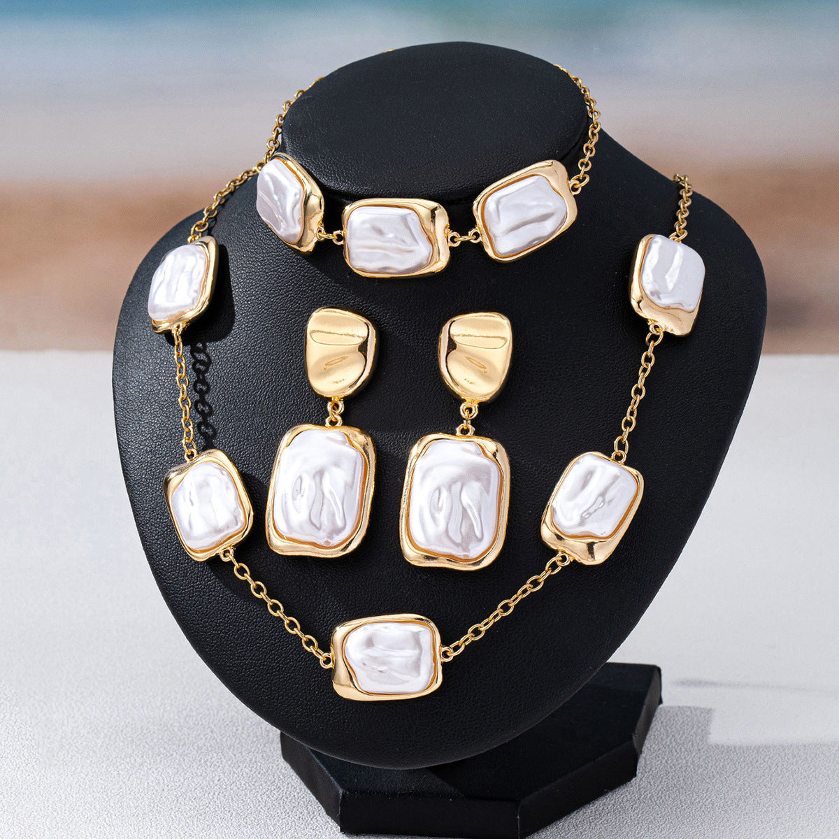 White Baroque Chunky Chain Gold Plated Pearl Necklace Combo Set Bulk
